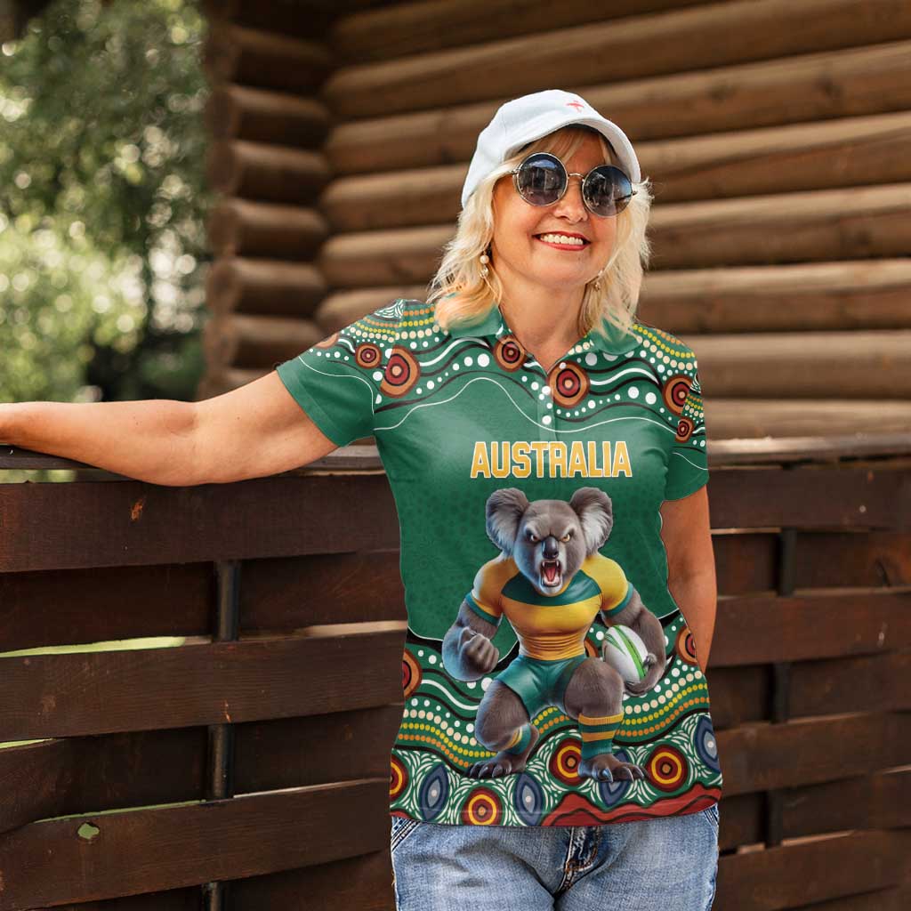 Custom Australia Rugby Women Polo Shirt Koala Mascot Aboriginal Pattern