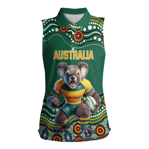 Custom Australia Rugby Women Sleeveless Polo Shirt Koala Mascot Aboriginal Pattern