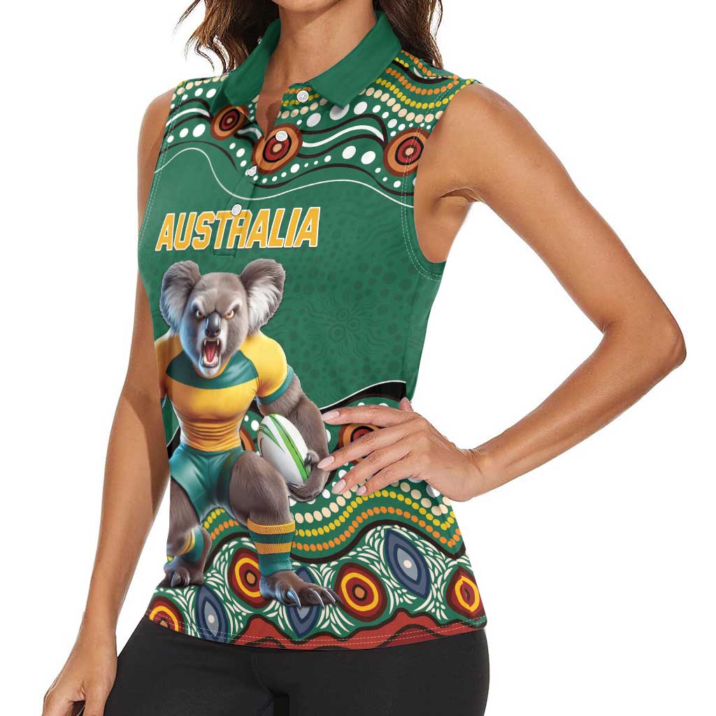 Custom Australia Rugby Women Sleeveless Polo Shirt Koala Mascot Aboriginal Pattern