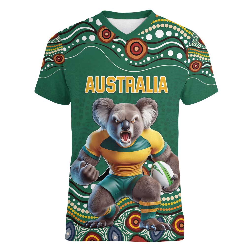 Custom Australia Rugby Women V-Neck T-Shirt Koala Mascot Aboriginal Pattern