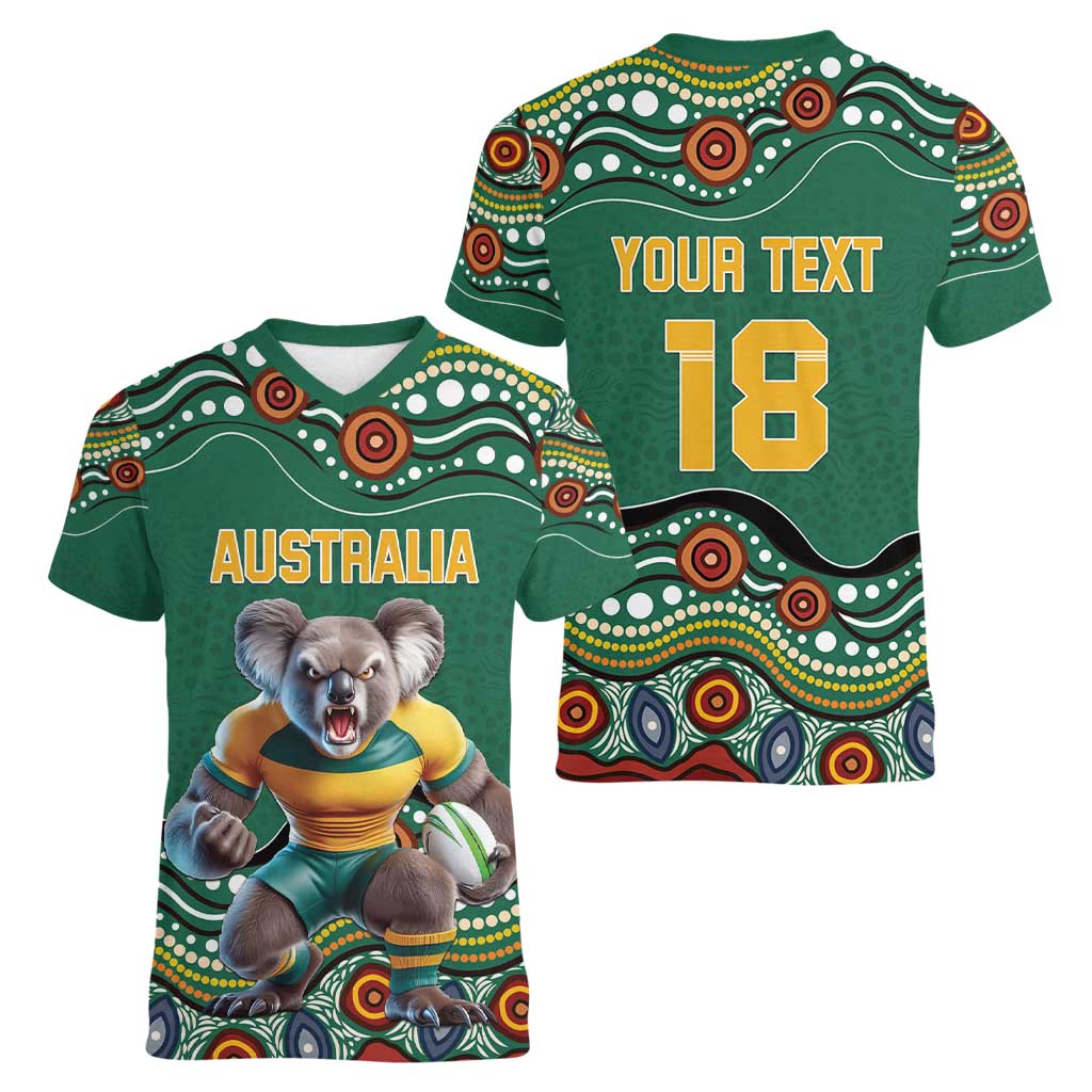 Custom Australia Rugby Women V-Neck T-Shirt Koala Mascot Aboriginal Pattern