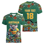 Custom Australia Rugby Women V-Neck T-Shirt Koala Mascot Aboriginal Pattern