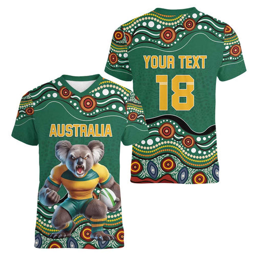 Custom Australia Rugby Women V-Neck T-Shirt Koala Mascot Aboriginal Pattern