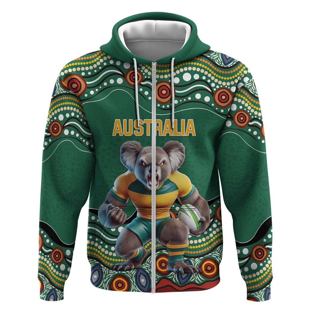 Custom Australia Rugby Zip Hoodie Koala Mascot Aboriginal Pattern