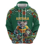 Custom Australia Rugby Zip Hoodie Koala Mascot Aboriginal Pattern