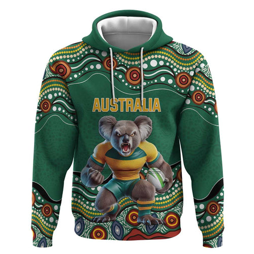 Custom Australia Rugby Zip Hoodie Koala Mascot Aboriginal Pattern
