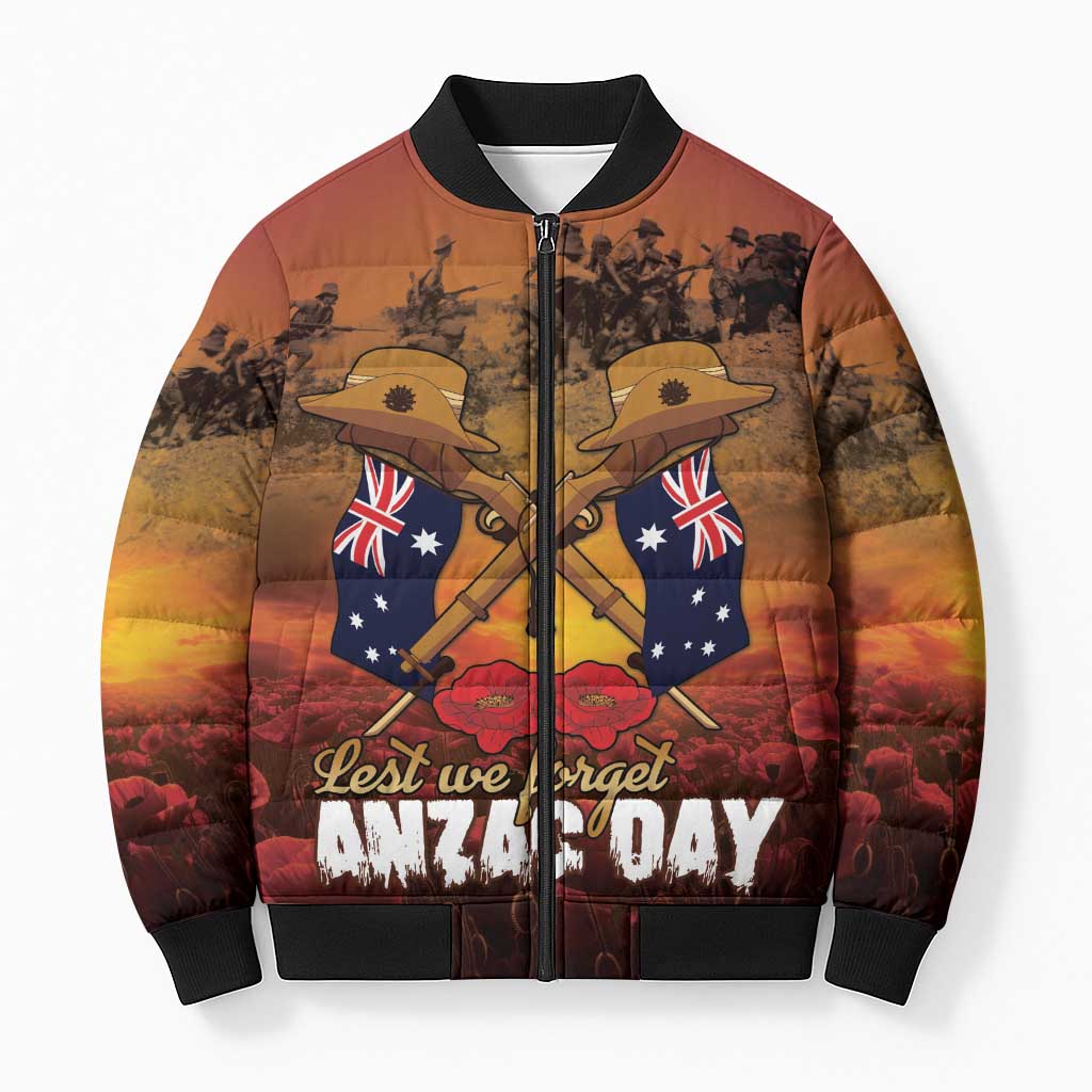 ANZAC Day Lest We Forget Bomber Puffer Jacket Australian Veterans Remembrance Tribute