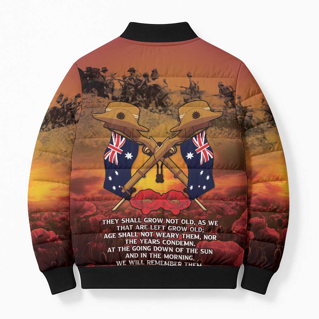 ANZAC Day Lest We Forget Bomber Puffer Jacket Australian Veterans Remembrance Tribute