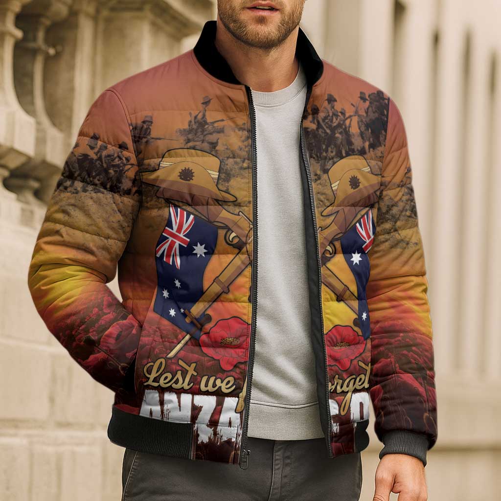 ANZAC Day Lest We Forget Bomber Puffer Jacket Australian Veterans Remembrance Tribute
