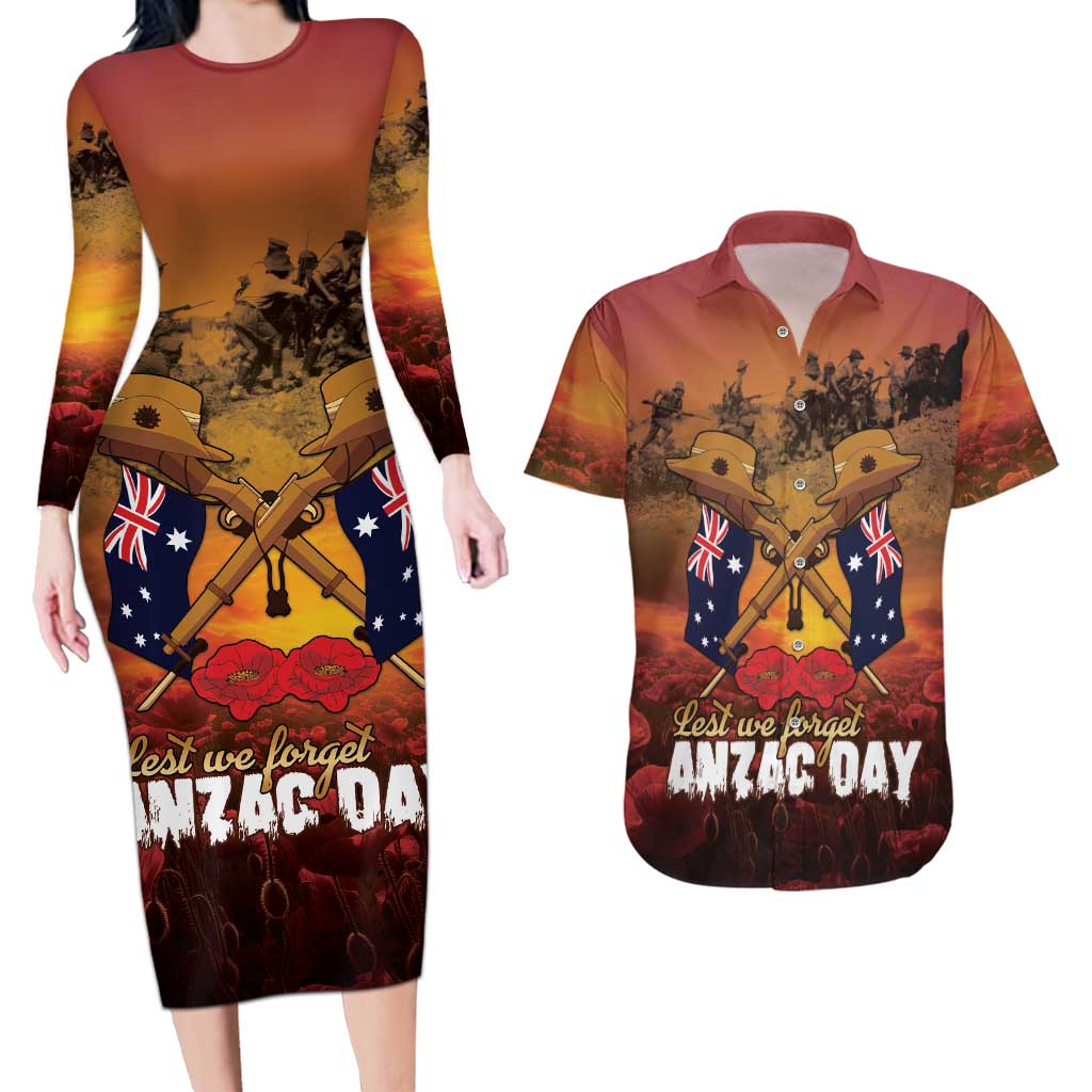 ANZAC Day Lest We Forget Couples Matching Long Sleeve Bodycon Dress and Hawaiian Shirt Australian Veterans Remembrance Tribute