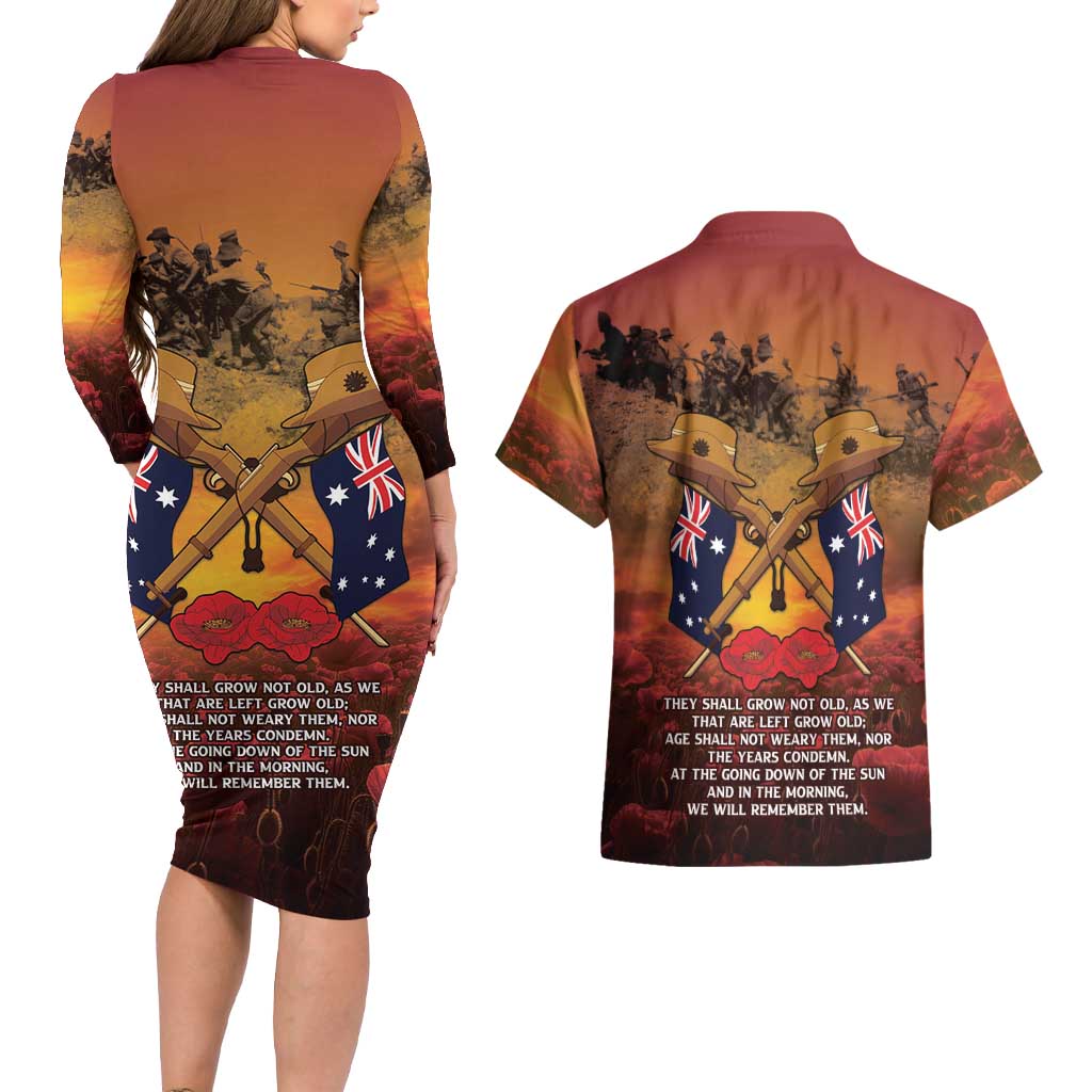 ANZAC Day Lest We Forget Couples Matching Long Sleeve Bodycon Dress and Hawaiian Shirt Australian Veterans Remembrance Tribute