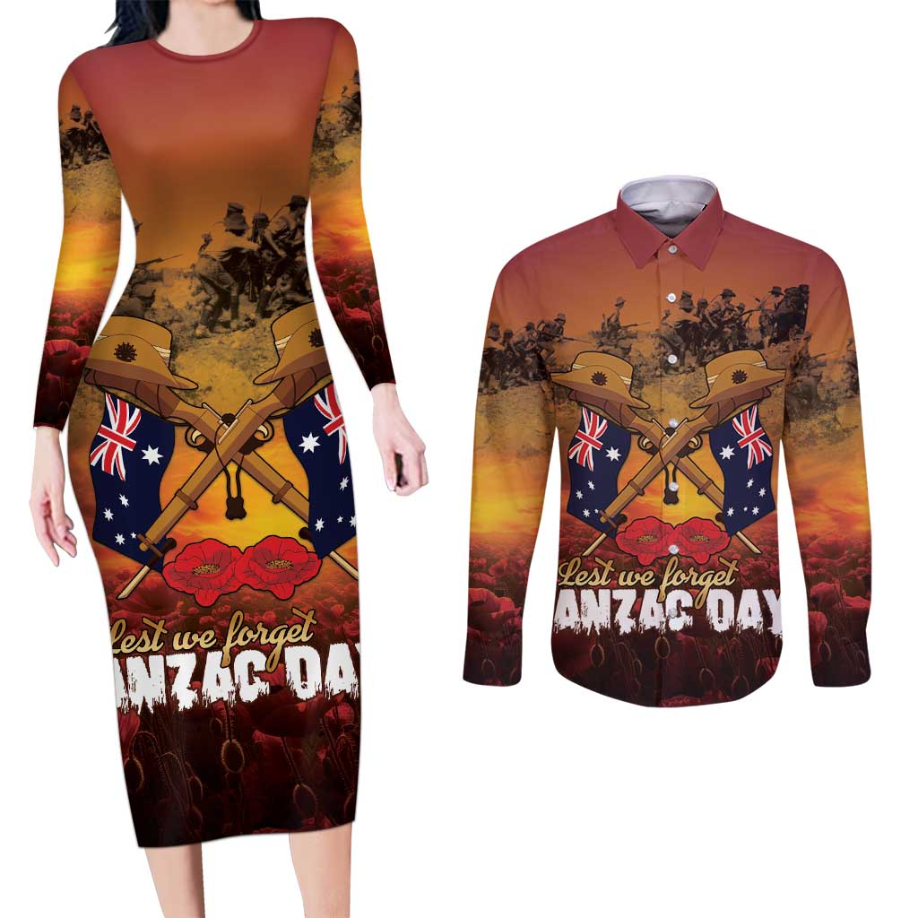 ANZAC Day Lest We Forget Couples Matching Long Sleeve Bodycon Dress and Long Sleeve Button Shirt Australian Veterans Remembrance Tribute