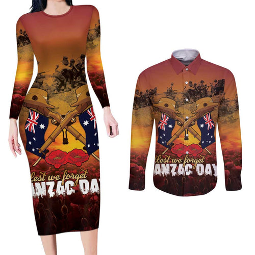 ANZAC Day Lest We Forget Couples Matching Long Sleeve Bodycon Dress and Long Sleeve Button Shirt Australian Veterans Remembrance Tribute