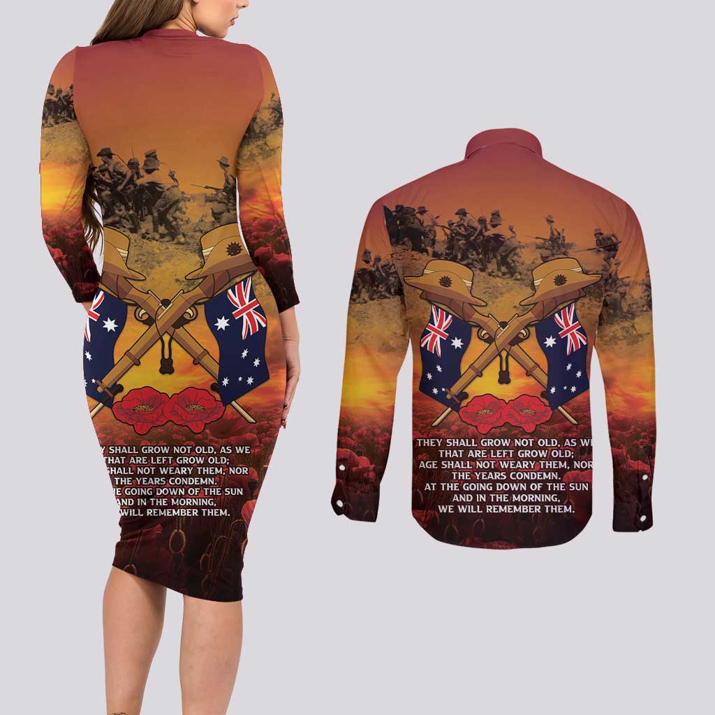 ANZAC Day Lest We Forget Couples Matching Long Sleeve Bodycon Dress and Long Sleeve Button Shirt Australian Veterans Remembrance Tribute