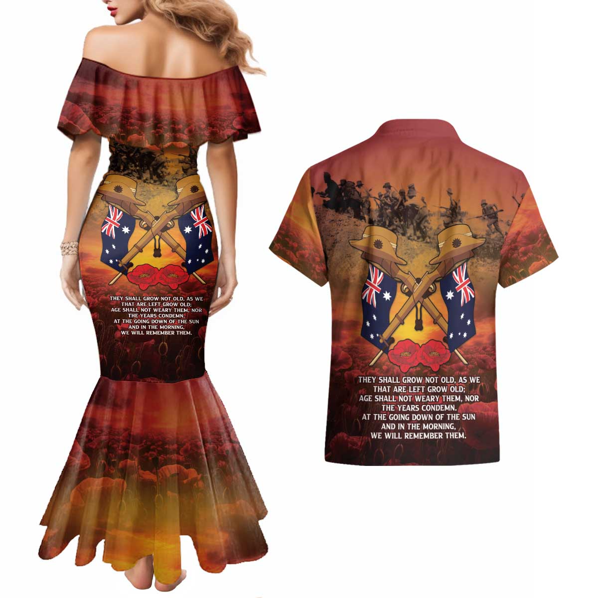 ANZAC Day Lest We Forget Couples Matching Mermaid Dress and Hawaiian Shirt Australian Veterans Remembrance Tribute