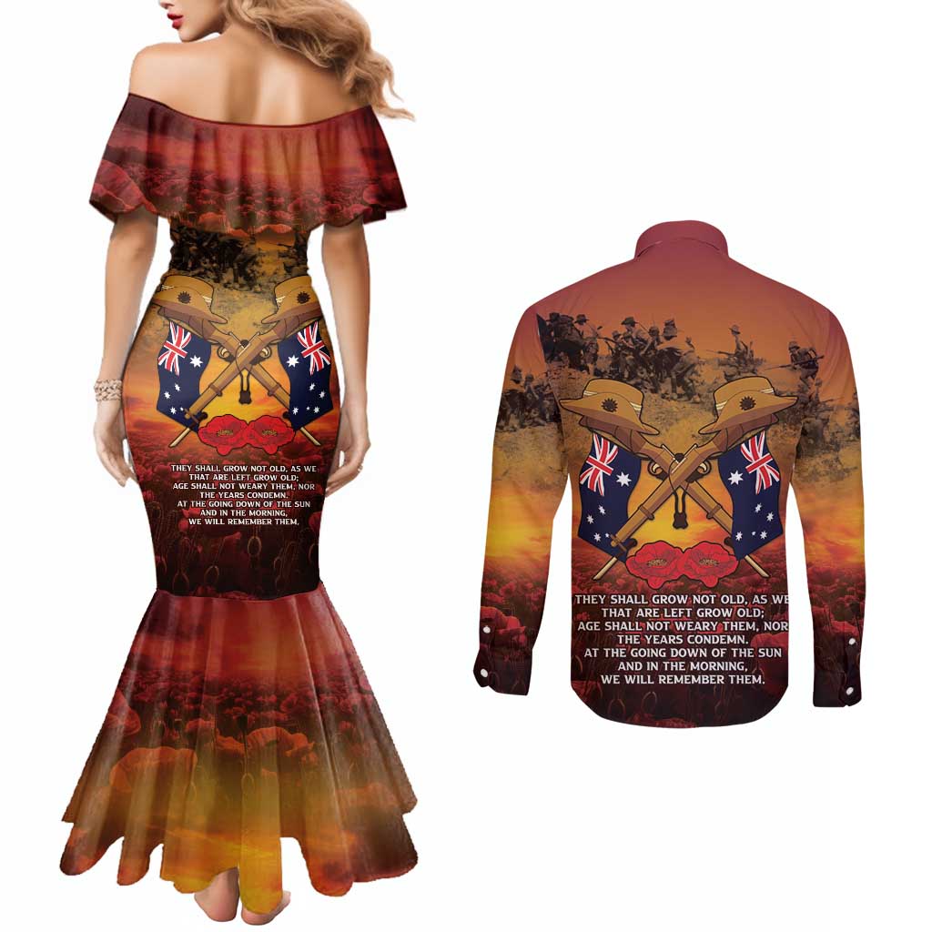ANZAC Day Lest We Forget Couples Matching Mermaid Dress and Long Sleeve Button Shirt Australian Veterans Remembrance Tribute