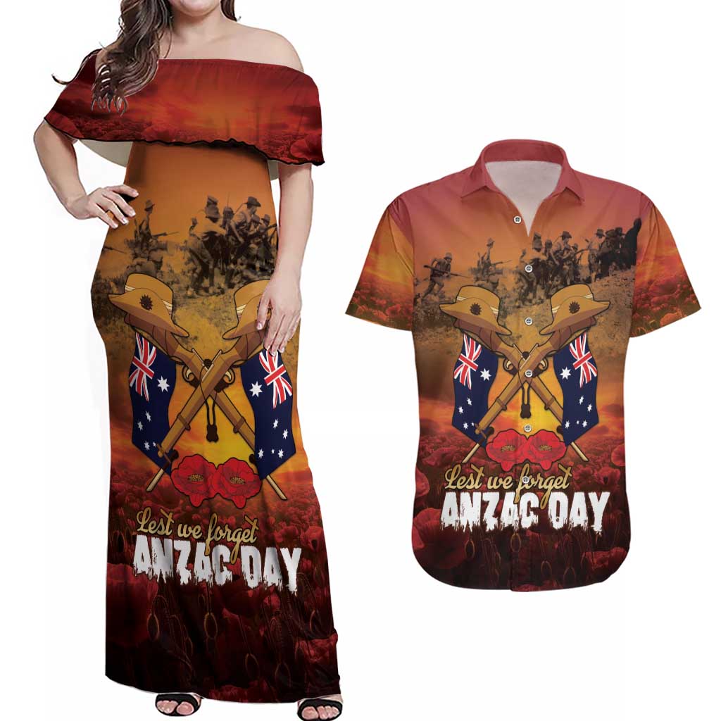 ANZAC Day Lest We Forget Couples Matching Off Shoulder Maxi Dress and Hawaiian Shirt Australian Veterans Remembrance Tribute