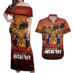 ANZAC Day Lest We Forget Couples Matching Off Shoulder Maxi Dress and Hawaiian Shirt Australian Veterans Remembrance Tribute