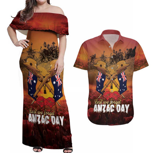 ANZAC Day Lest We Forget Couples Matching Off Shoulder Maxi Dress and Hawaiian Shirt Australian Veterans Remembrance Tribute