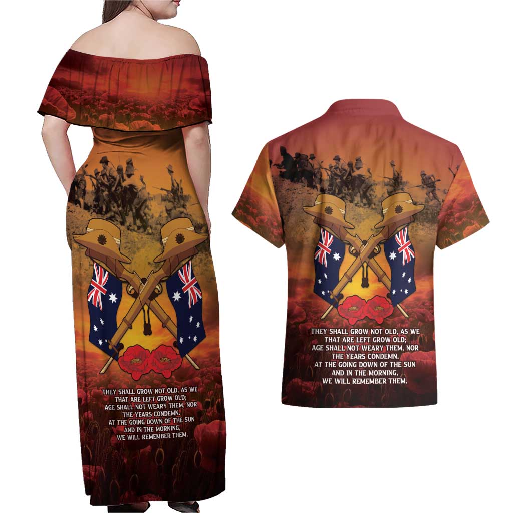 ANZAC Day Lest We Forget Couples Matching Off Shoulder Maxi Dress and Hawaiian Shirt Australian Veterans Remembrance Tribute