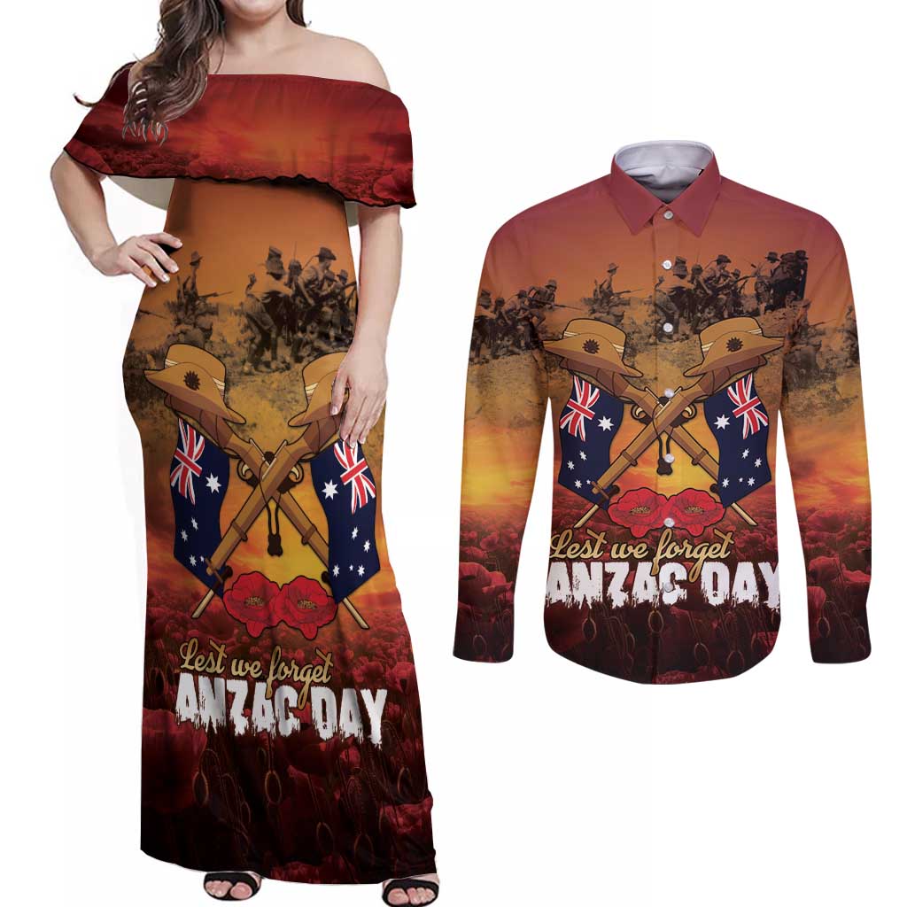 ANZAC Day Lest We Forget Couples Matching Off Shoulder Maxi Dress and Long Sleeve Button Shirt Australian Veterans Remembrance Tribute