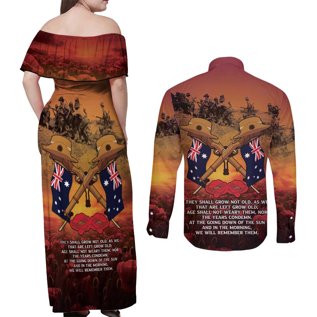 ANZAC Day Lest We Forget Couples Matching Off Shoulder Maxi Dress and Long Sleeve Button Shirt Australian Veterans Remembrance Tribute