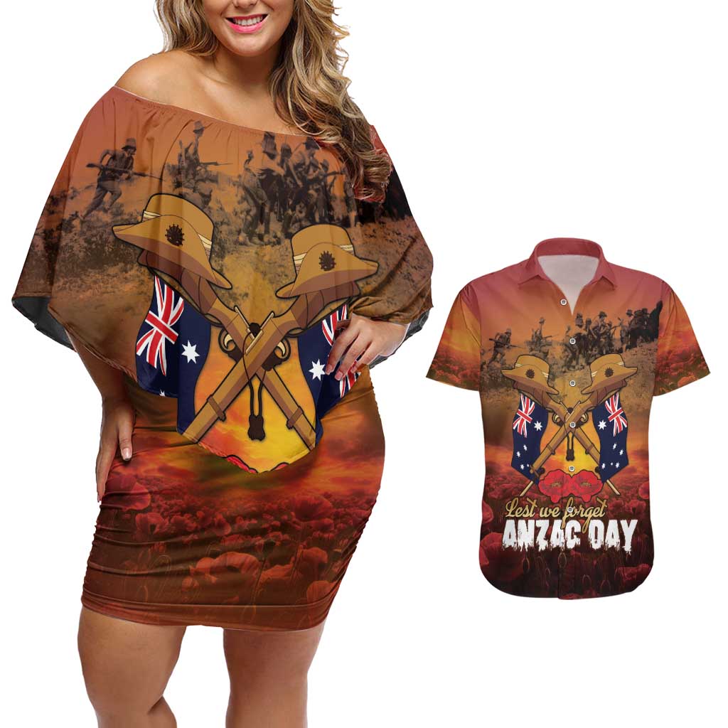 ANZAC Day Lest We Forget Couples Matching Off Shoulder Short Dress and Hawaiian Shirt Australian Veterans Remembrance Tribute