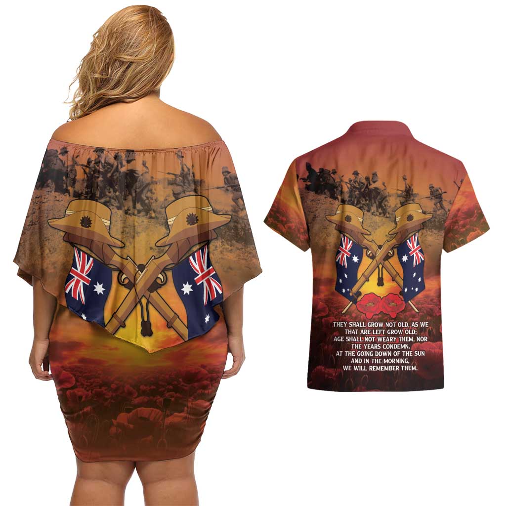 ANZAC Day Lest We Forget Couples Matching Off Shoulder Short Dress and Hawaiian Shirt Australian Veterans Remembrance Tribute
