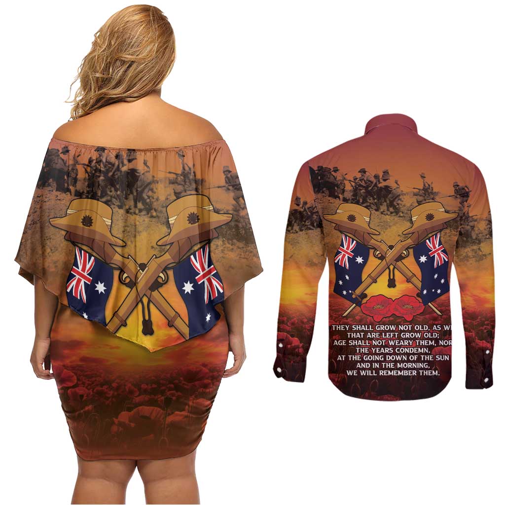 ANZAC Day Lest We Forget Couples Matching Off Shoulder Short Dress and Long Sleeve Button Shirt Australian Veterans Remembrance Tribute