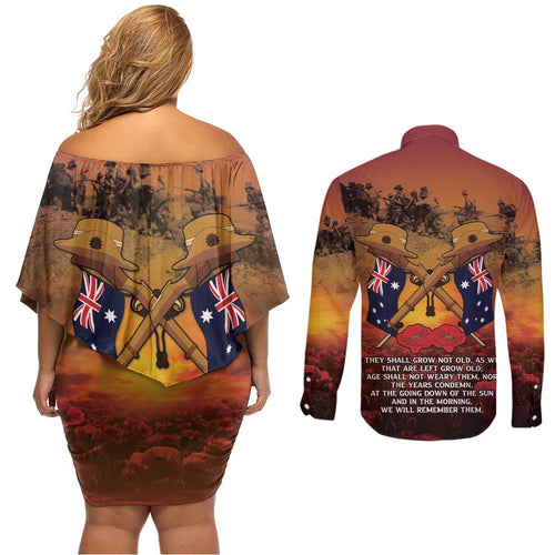 ANZAC Day Lest We Forget Couples Matching Off Shoulder Short Dress and Long Sleeve Button Shirt Australian Veterans Remembrance Tribute