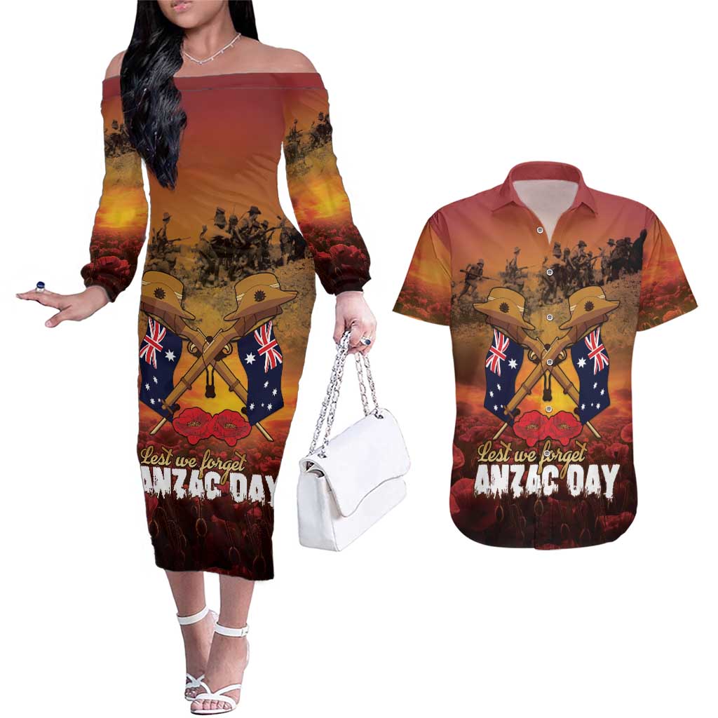 ANZAC Day Lest We Forget Couples Matching Off The Shoulder Long Sleeve Dress and Hawaiian Shirt Australian Veterans Remembrance Tribute