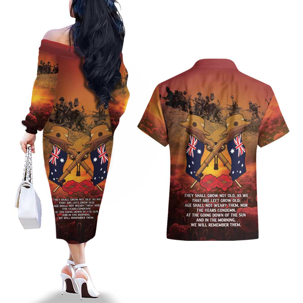 ANZAC Day Lest We Forget Couples Matching Off The Shoulder Long Sleeve Dress and Hawaiian Shirt Australian Veterans Remembrance Tribute