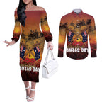 ANZAC Day Lest We Forget Couples Matching Off The Shoulder Long Sleeve Dress and Long Sleeve Button Shirt Australian Veterans Remembrance Tribute