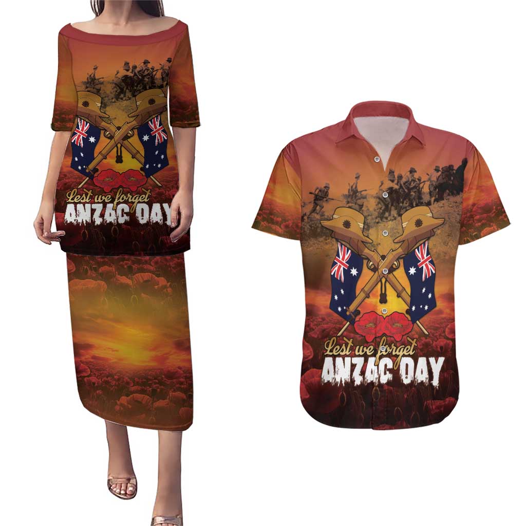 ANZAC Day Lest We Forget Couples Matching Puletasi and Hawaiian Shirt Australian Veterans Remembrance Tribute