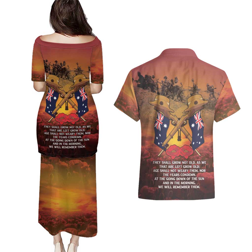 ANZAC Day Lest We Forget Couples Matching Puletasi and Hawaiian Shirt Australian Veterans Remembrance Tribute