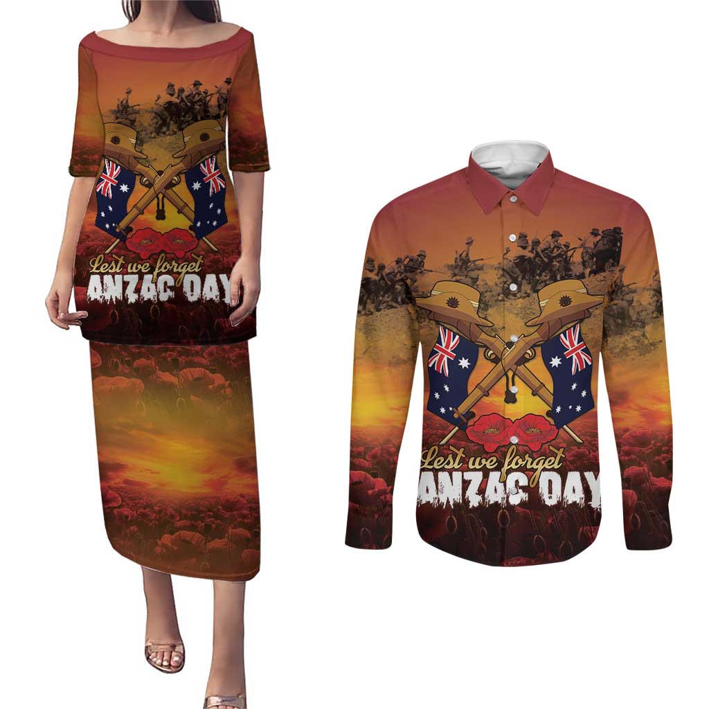 ANZAC Day Lest We Forget Couples Matching Puletasi and Long Sleeve Button Shirt Australian Veterans Remembrance Tribute