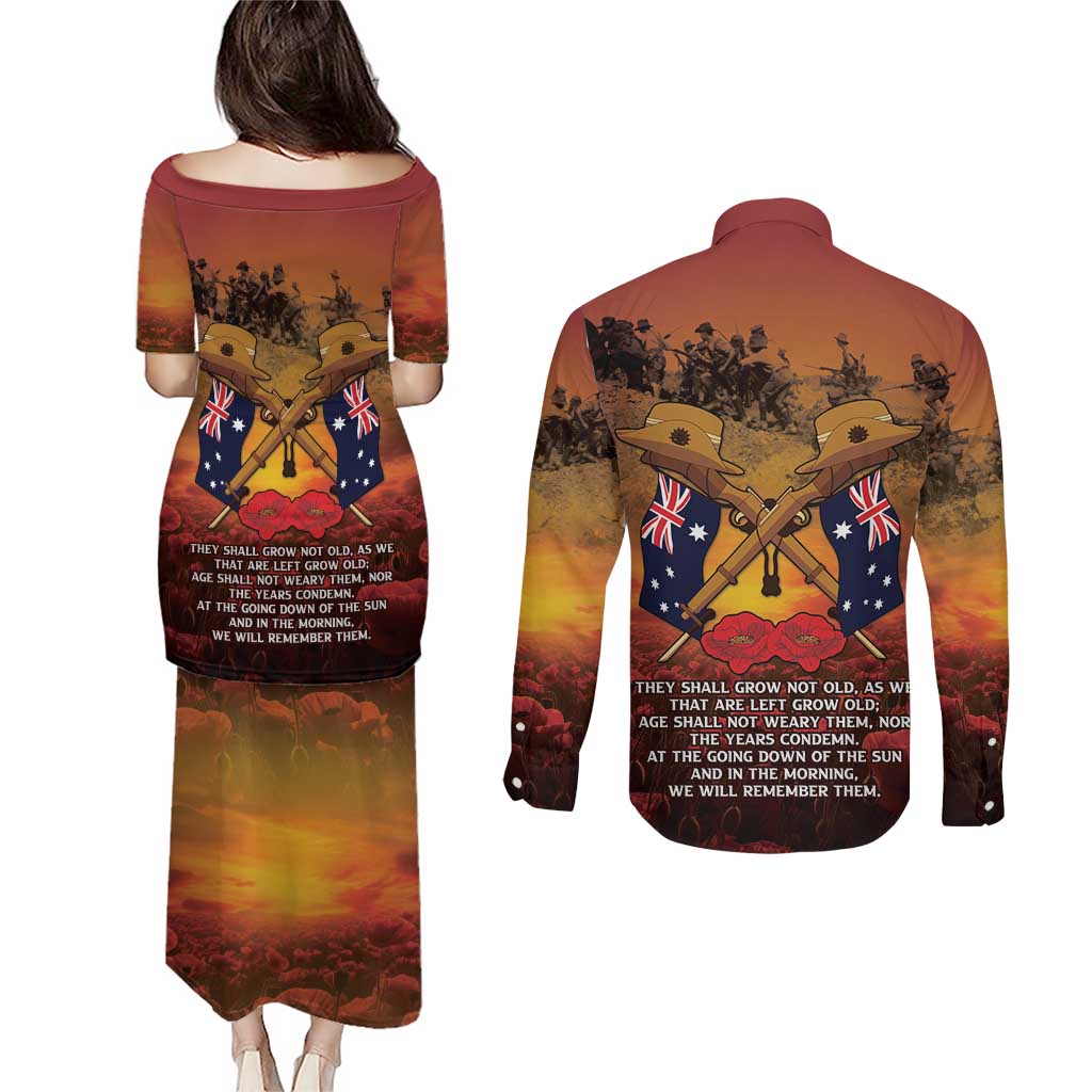 ANZAC Day Lest We Forget Couples Matching Puletasi and Long Sleeve Button Shirt Australian Veterans Remembrance Tribute