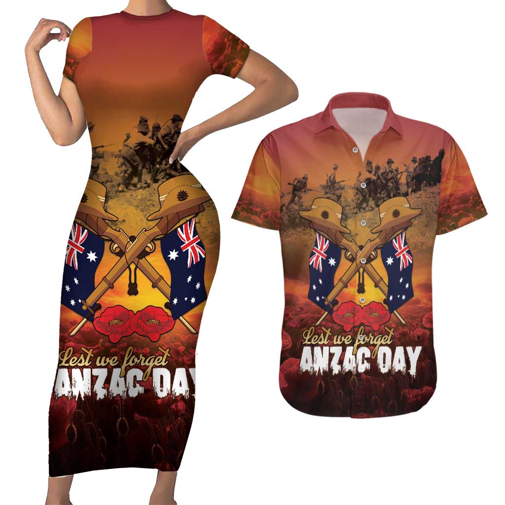 ANZAC Day Lest We Forget Couples Matching Short Sleeve Bodycon Dress and Hawaiian Shirt Australian Veterans Remembrance Tribute