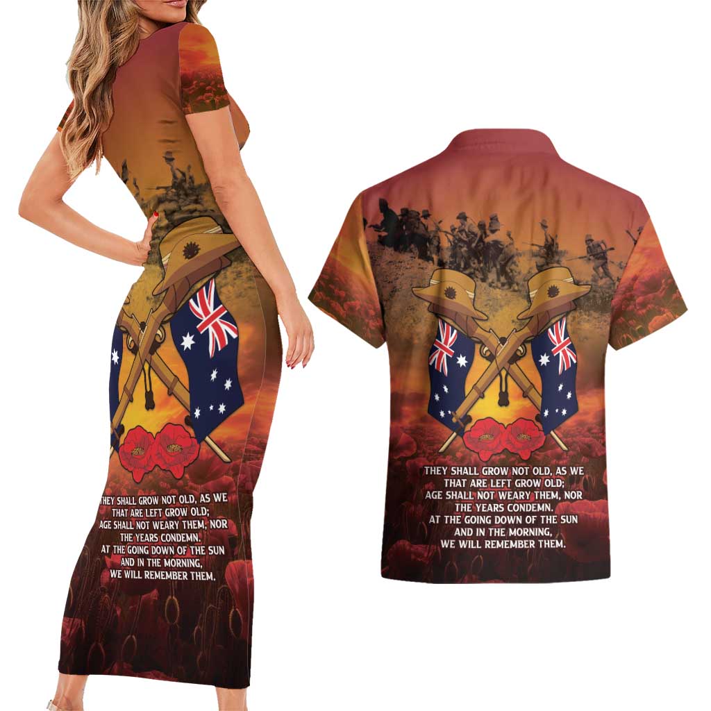 ANZAC Day Lest We Forget Couples Matching Short Sleeve Bodycon Dress and Hawaiian Shirt Australian Veterans Remembrance Tribute