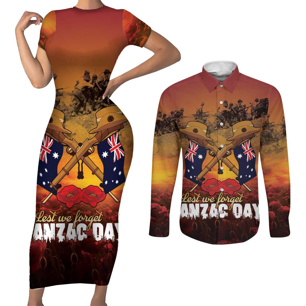 ANZAC Day Lest We Forget Couples Matching Short Sleeve Bodycon Dress and Long Sleeve Button Shirt Australian Veterans Remembrance Tribute