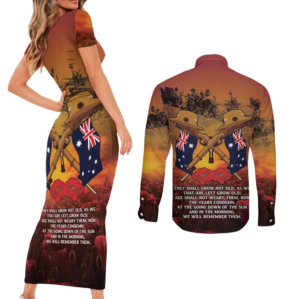 ANZAC Day Lest We Forget Couples Matching Short Sleeve Bodycon Dress and Long Sleeve Button Shirt Australian Veterans Remembrance Tribute