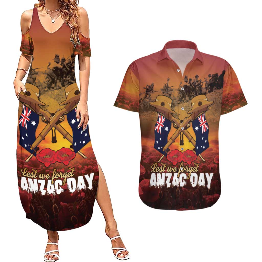 ANZAC Day Lest We Forget Couples Matching Summer Maxi Dress and Hawaiian Shirt Australian Veterans Remembrance Tribute