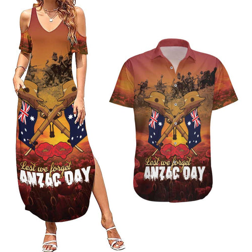 ANZAC Day Lest We Forget Couples Matching Summer Maxi Dress and Hawaiian Shirt Australian Veterans Remembrance Tribute