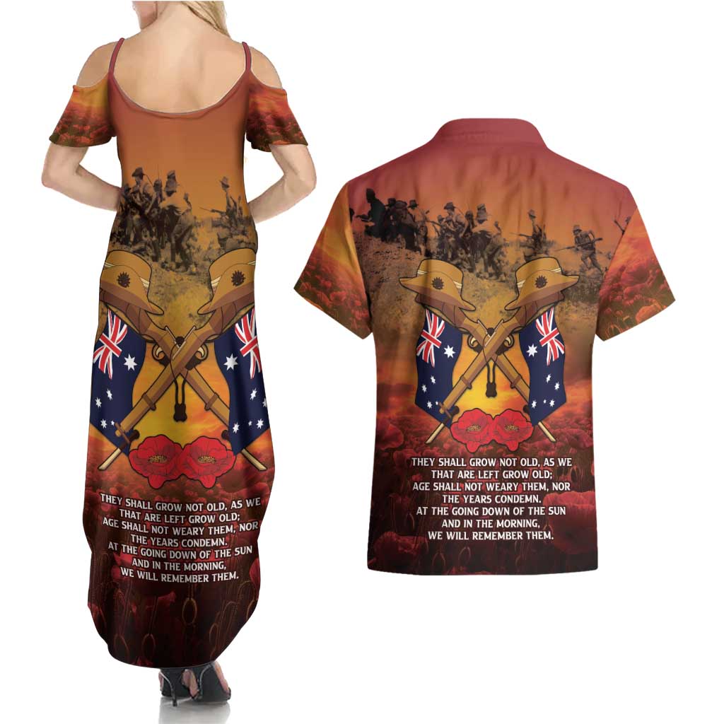 ANZAC Day Lest We Forget Couples Matching Summer Maxi Dress and Hawaiian Shirt Australian Veterans Remembrance Tribute