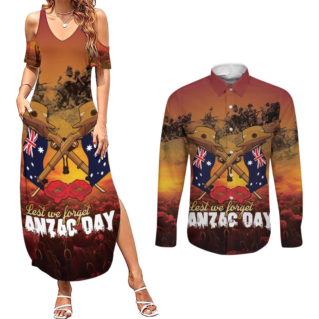 ANZAC Day Lest We Forget Couples Matching Summer Maxi Dress and Long Sleeve Button Shirt Australian Veterans Remembrance Tribute