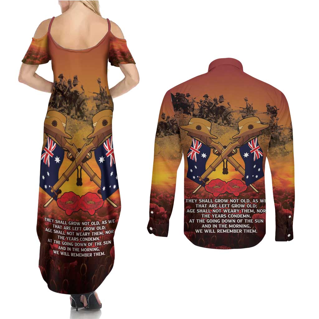 ANZAC Day Lest We Forget Couples Matching Summer Maxi Dress and Long Sleeve Button Shirt Australian Veterans Remembrance Tribute