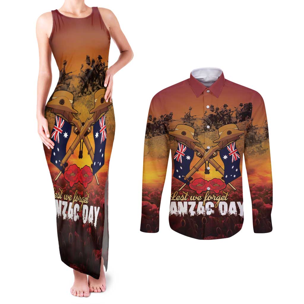 ANZAC Day Lest We Forget Couples Matching Tank Maxi Dress and Long Sleeve Button Shirt Australian Veterans Remembrance Tribute