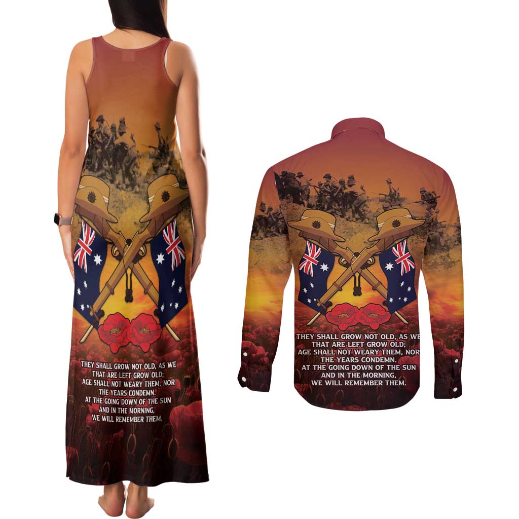 ANZAC Day Lest We Forget Couples Matching Tank Maxi Dress and Long Sleeve Button Shirt Australian Veterans Remembrance Tribute