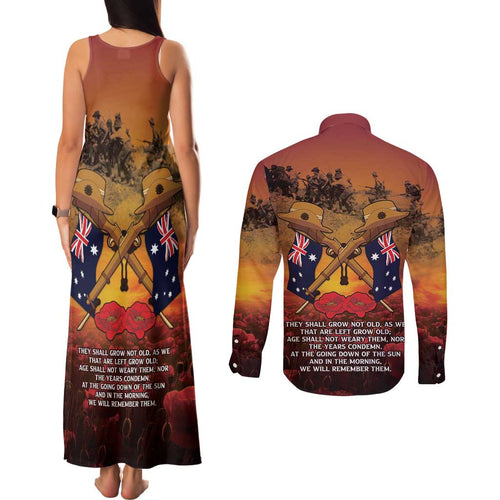 ANZAC Day Lest We Forget Couples Matching Tank Maxi Dress and Long Sleeve Button Shirt Australian Veterans Remembrance Tribute