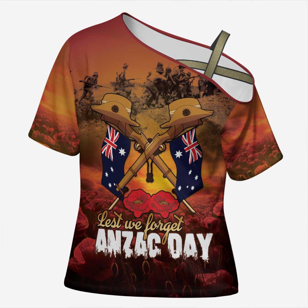 ANZAC Day Lest We Forget Cross Shoulder Shirt Australian Veterans Remembrance Tribute